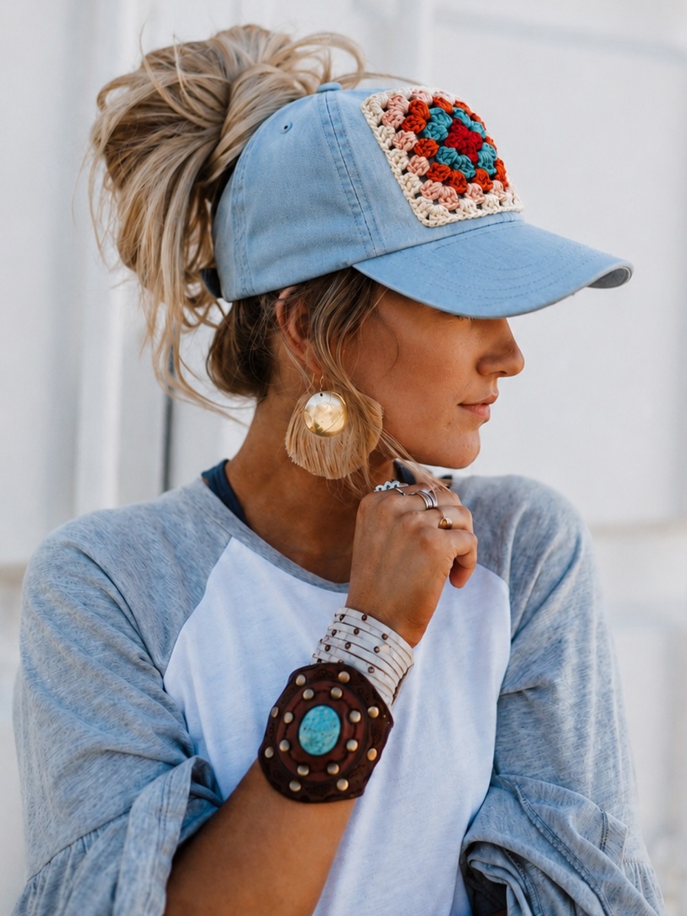 Crochet Granny Square Trucker Hat 🧢 Blue Ponytail Baseball Cap Adjustable Boho - Picture 2 of 11